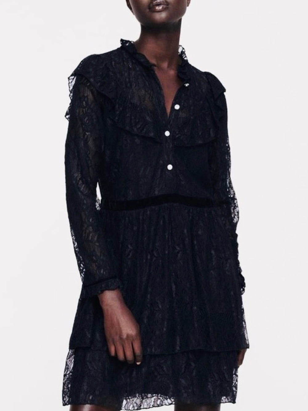 Zara Black Lace Ruffle Tiered Long-Sleeve Dress